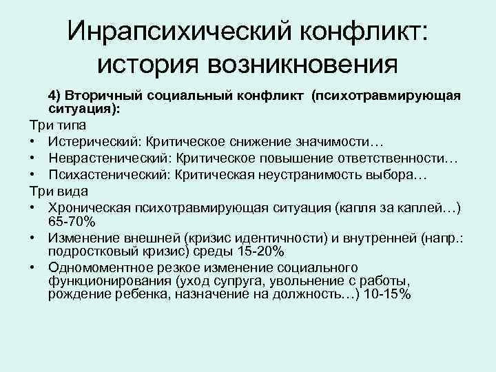 Инрапсихический конфликт: история возникновения 4) Вторичный социальный конфликт (психотравмирующая ситуация): Три типа • Истерический: