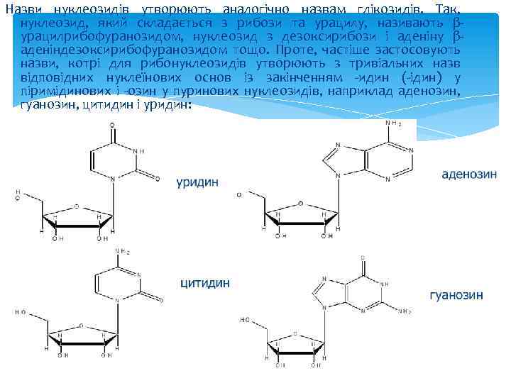 Назви нуклеозидів утворюють аналогічно назвам глікозидів. Так, нуклеозид, який складається з рибози та урацилу,
