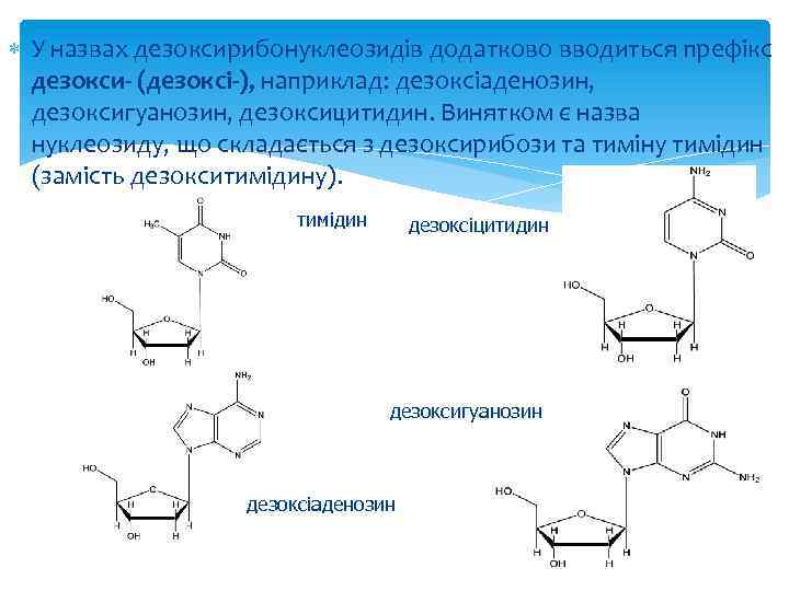  У назвах дезоксирибонуклеозидів додатково вводиться префікс дезокси (дезоксі ), наприклад: дезоксіаденозин, дезоксигуанозин, дезоксицитидин.