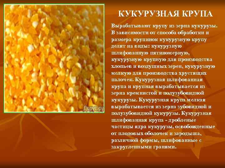 КУКУРУЗНАЯ КРУПА Вырабатывают крупу из зерна кукурузы. В зависимости от способа обработки и размера