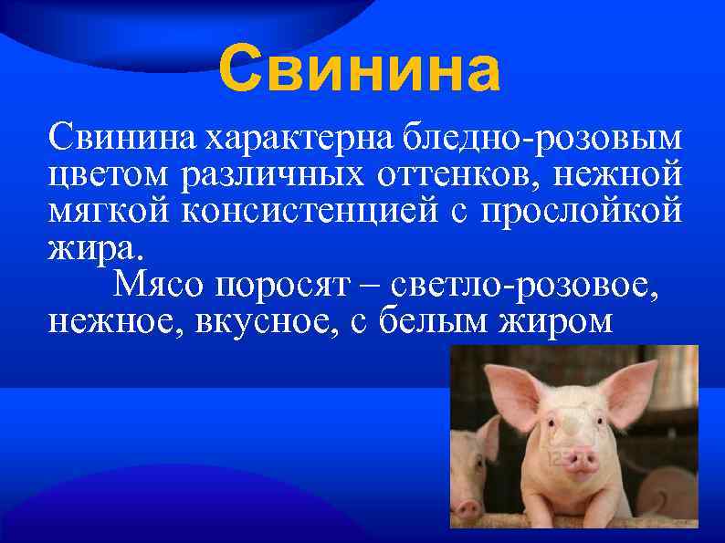 Свинина характерна бледно-розовым цветом различных оттенков, нежной мягкой консистенцией с прослойкой жира. Мясо поросят
