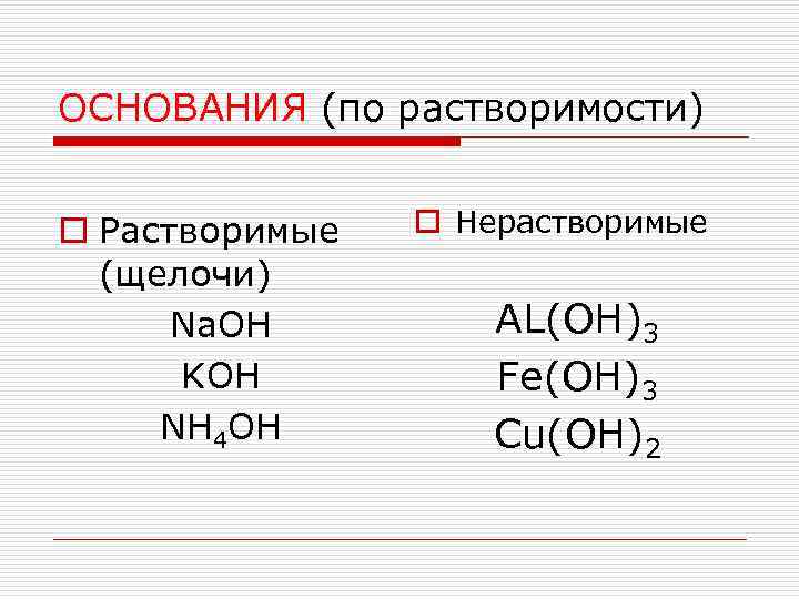 Koh классификация вещества. Основания щелочи и нерастворимые. Al oh3 нерастворим. Растворимые основания в химии