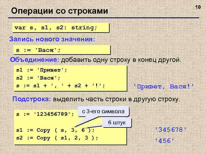 10 Операции со строками var s, s 1, s 2: string; Запись нового значения: