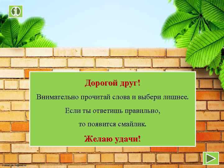 Дорогой друг! Внимательно прочитай слова и выбери лишнее. Если ты ответишь правильно, то появится