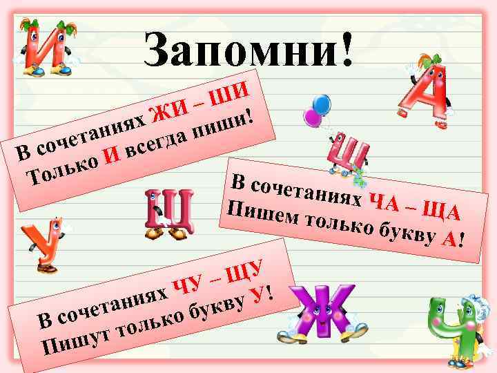 Запомни! И – Ш ! ЖИ иши иях а п етан сегд соч И