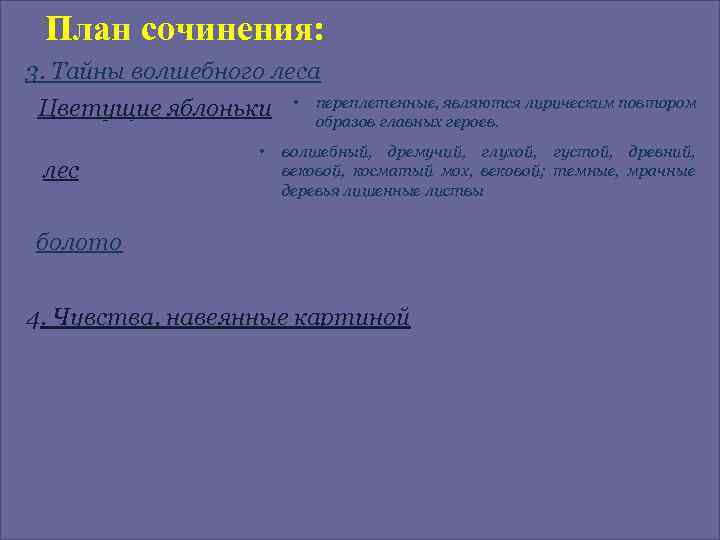 План сочинения: 3. Тайны волшебного леса Цветущие яблоньки • переплетенные, являются лирическим повтором образов