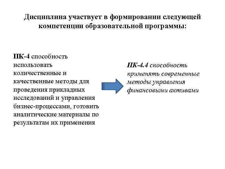 Дисциплина участвует в формировании следующей компетенции образовательной программы: ПК-4 способность использовать количественные и качественные