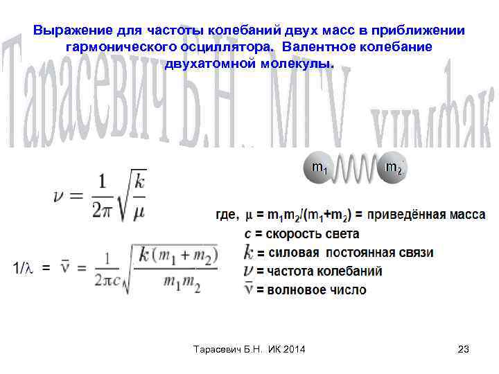Выражение для частоты колебаний двух масс в приближении гармонического осциллятора. Валентное колебание двухатомной молекулы.