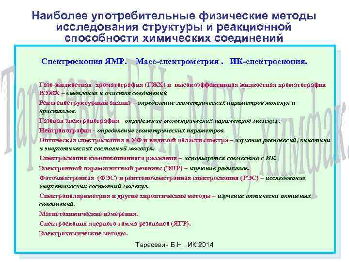 Наиболее употребительные физические методы исследования структуры и реакционной способности химических соединений Спектроскопия ЯМР. Масс-спектрометрия.