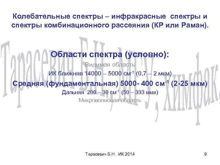 Колебательные спектры – инфракрасные спектры и спектры комбинационного рассеяния (КР или Раман). Области спектра