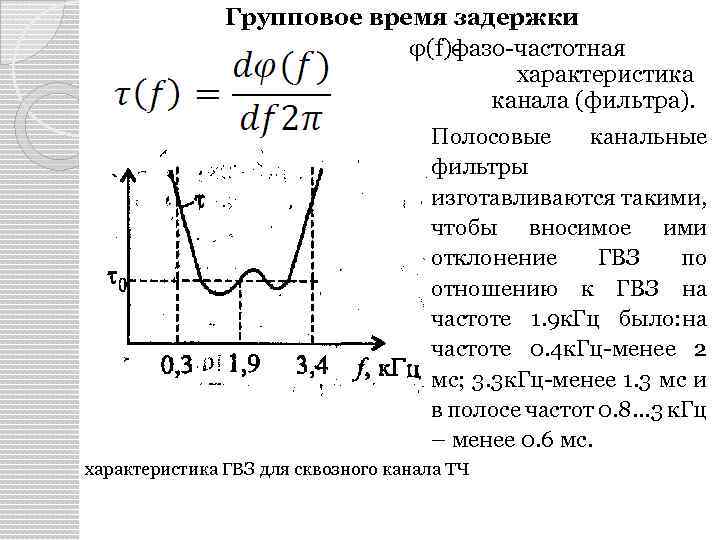 Групповое время задержки φ(f)фазо-частотная характеристика канала (фильтра). Полосовые канальные фильтры изготавливаются такими, чтобы вносимое