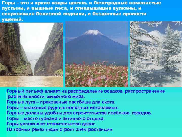 Горы – это и яркие ковры цветов, и безотрадные каменистые пустыни, и пышные леса,