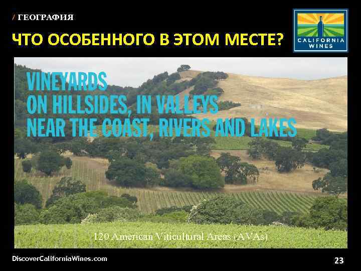 / ГЕОГРАФИЯ ЧТО ОСОБЕННОГО В ЭТОМ МЕСТЕ? 120 American Viticultural Areas (AVAs) Discover. California.