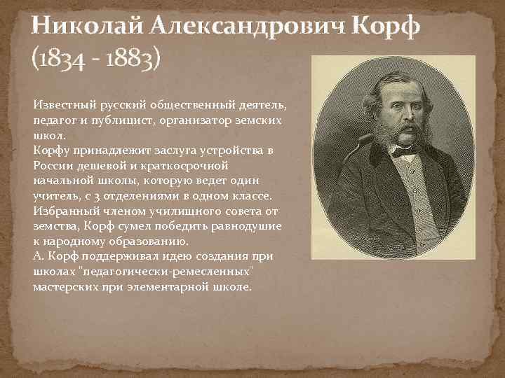 Николай Александрович Корф (1834 - 1883) Известный русский общественный деятель, педагог и публицист, организатор