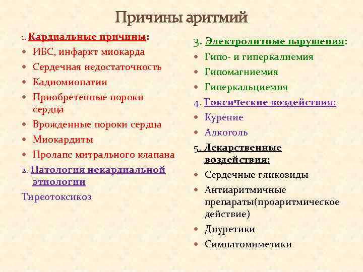 Причины аритмий 1. Кардиальные причины: ИБС, инфаркт миокарда Сердечная недостаточность Кадиомиопатии Приобретенные пороки сердца