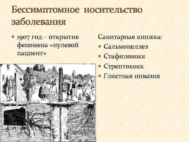 Бессимптомное носительство заболевания 1907 год – открытие феномена «нулевой пациент» Санитарная книжка: Сальмонеллез Стафилококк