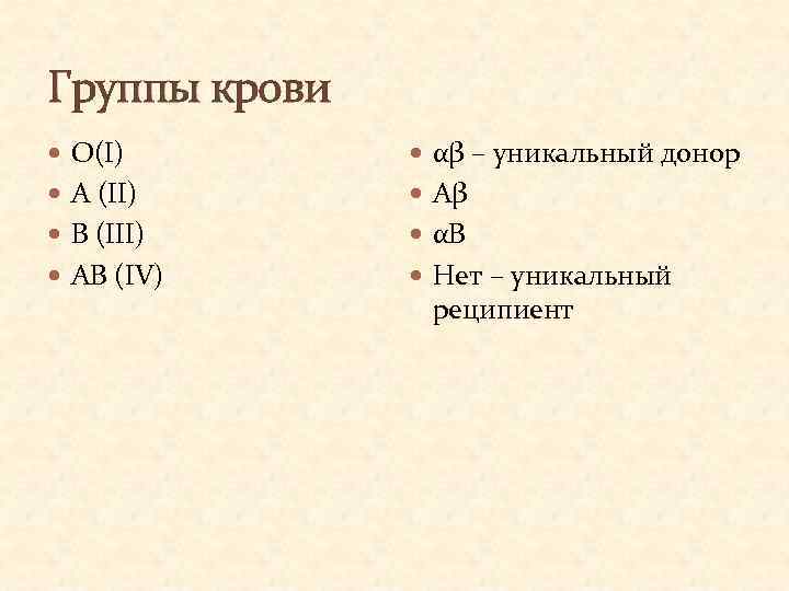 Группы крови О(I) αβ – уникальный донор A (II) Aβ B (III) αB AB