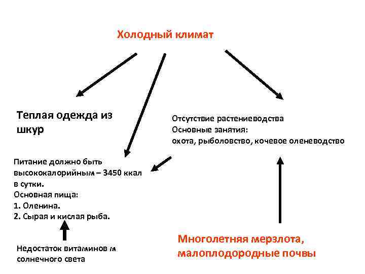 Холодный климат Теплая одежда из шкур Отсутствие растениеводства Основные занятия: охота, рыболовство, кочевое оленеводство