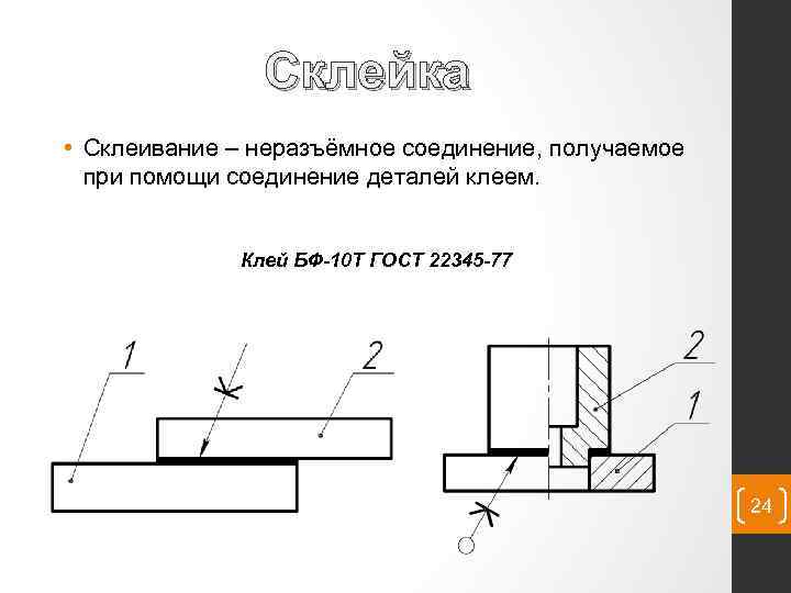 Склейка • Склеивание – неразъёмное соединение, получаемое при помощи соединение деталей клеем. Клей БФ-10