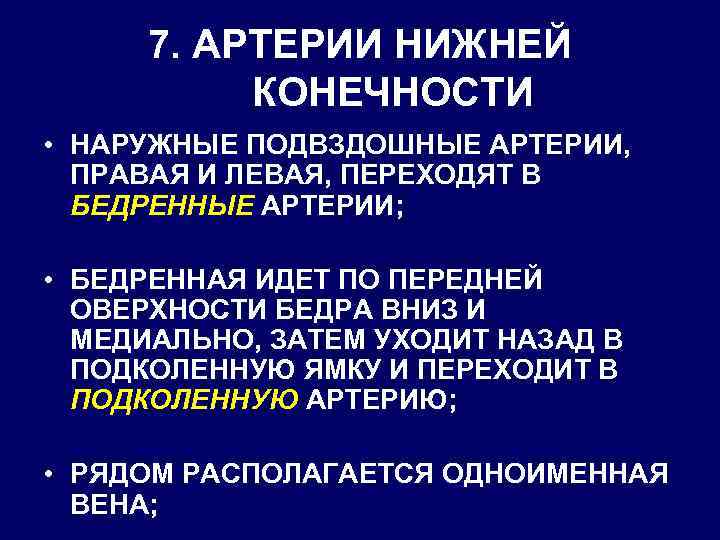 7. АРТЕРИИ НИЖНЕЙ КОНЕЧНОСТИ • НАРУЖНЫЕ ПОДВЗДОШНЫЕ АРТЕРИИ, ПРАВАЯ И ЛЕВАЯ, ПЕРЕХОДЯТ В БЕДРЕННЫЕ