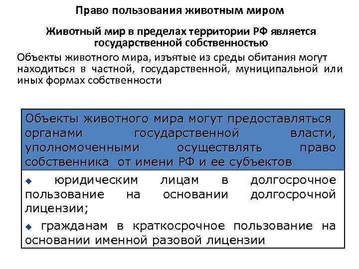 Право пользования животным миром Животный мир в пределах территории РФ является государственной собственностью Объекты