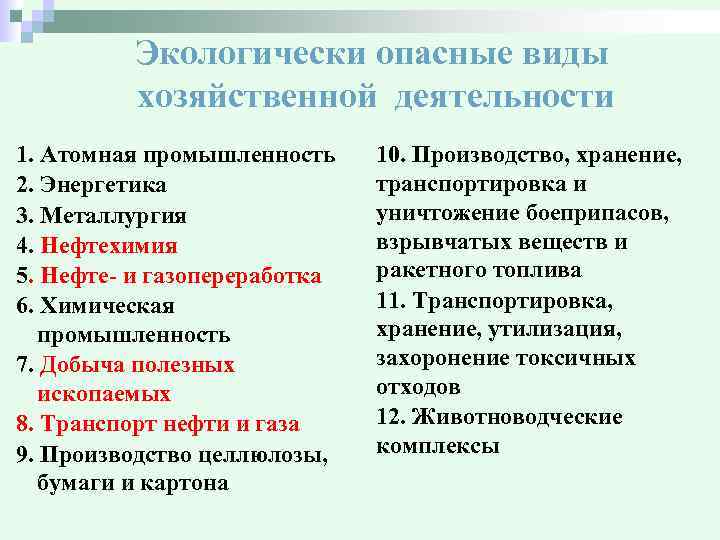 Экологически опасные виды хозяйственной деятельности 1. Атомная промышленность 2. Энергетика 3. Металлургия 4. Нефтехимия