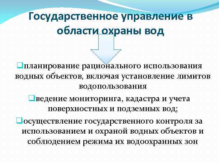 Государственное управление в области охраны вод qпланирование рационального использования водных объектов, включая установление лимитов