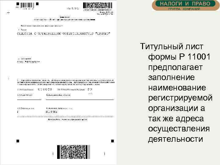 Титульный лист формы Р 11001 предполагает заполнение наименование регистрируемой организации а так же адреса