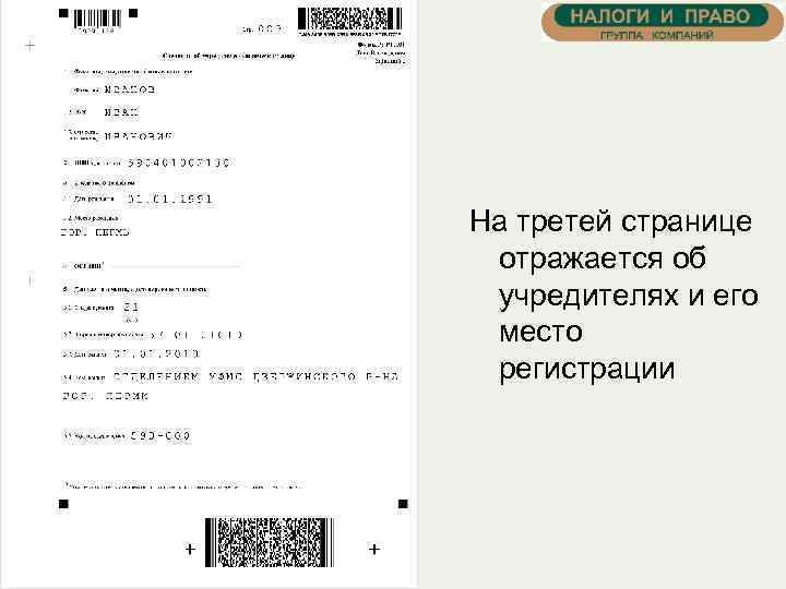 На третей странице отражается об учредителях и его место регистрации 