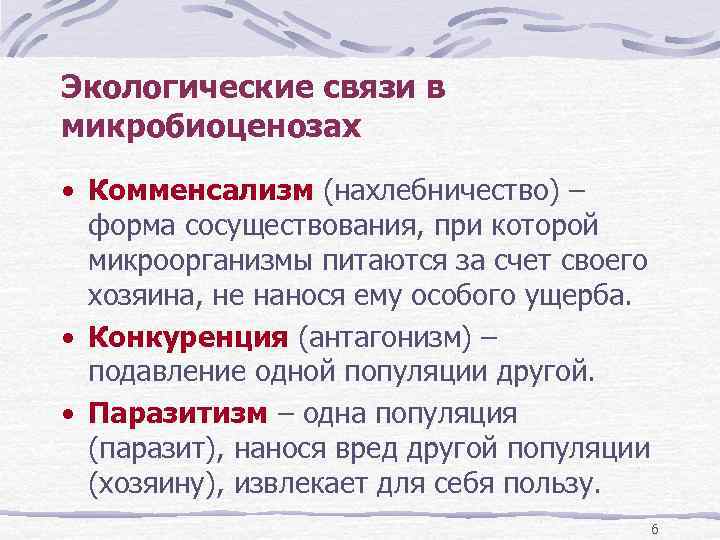 Экологические связи в микробиоценозах • Комменсализм (нахлебничество) – форма сосуществования, при которой микроорганизмы питаются