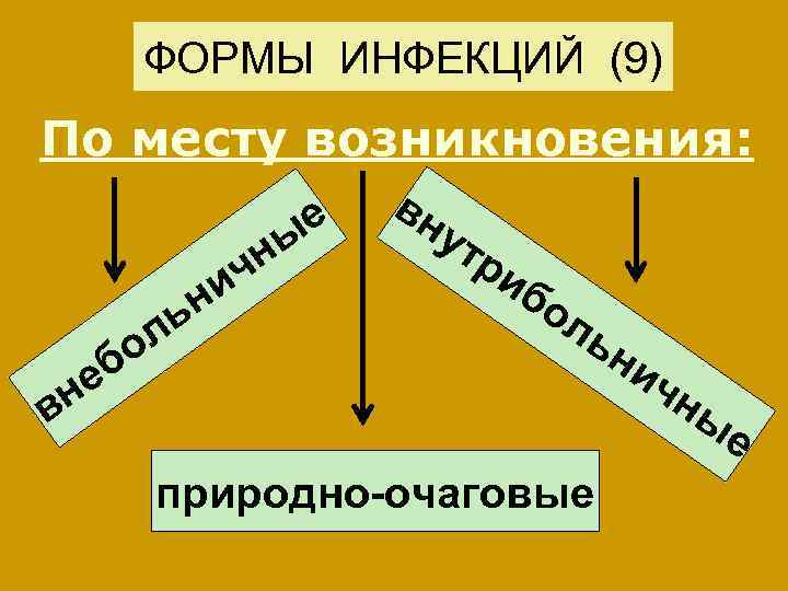 ФОРМЫ ИНФЕКЦИЙ (9) По месту возникновения: е еб н в ол ьн ы чн