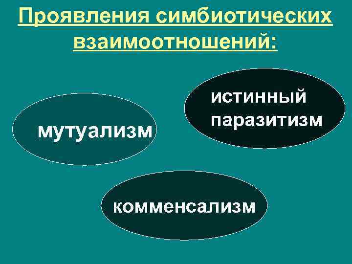 Проявления симбиотических взаимоотношений: мутуализм истинный паразитизм комменсализм 