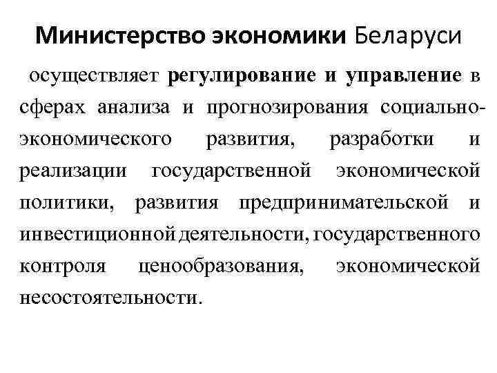 Министерство экономики Беларуси осуществляет регулирование и управление в сферах анализа и прогнозирования социально экономического