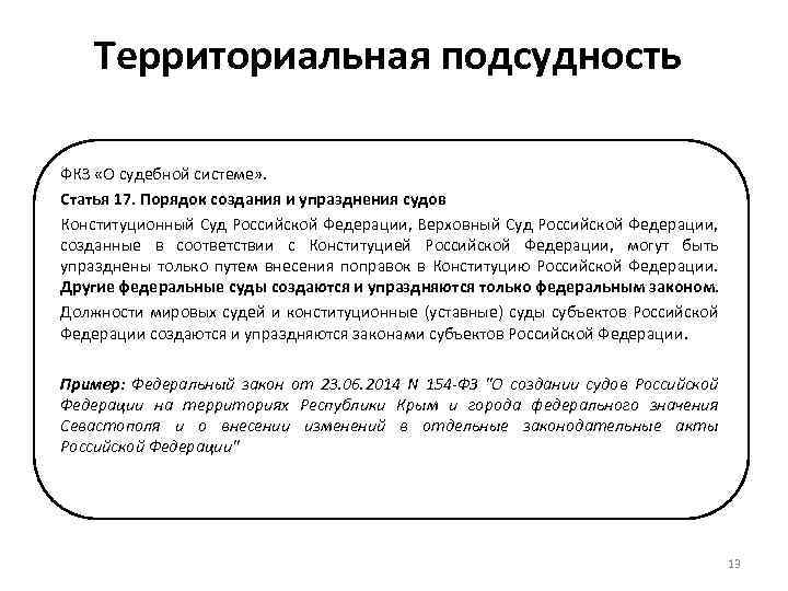 Территориальная подсудность ФКЗ «О судебной системе» . Статья 17. Порядок создания и упразднения судов