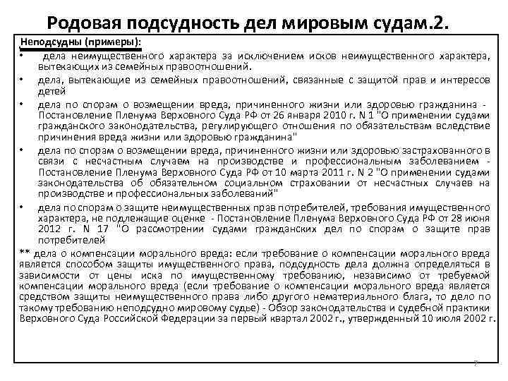 Родовая подсудность дел мировым судам. 2. Неподсудны (примеры): • дела неимущественного характера за исключением