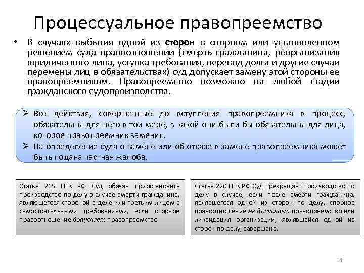 Процессуальное правопреемство • В случаях выбытия одной из сторон в спорном или установленном решением