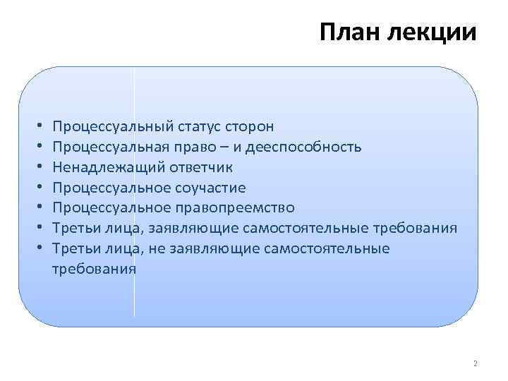 План лекции • • Процессуальный статус сторон Процессуальная право – и дееспособность Ненадлежащий ответчик