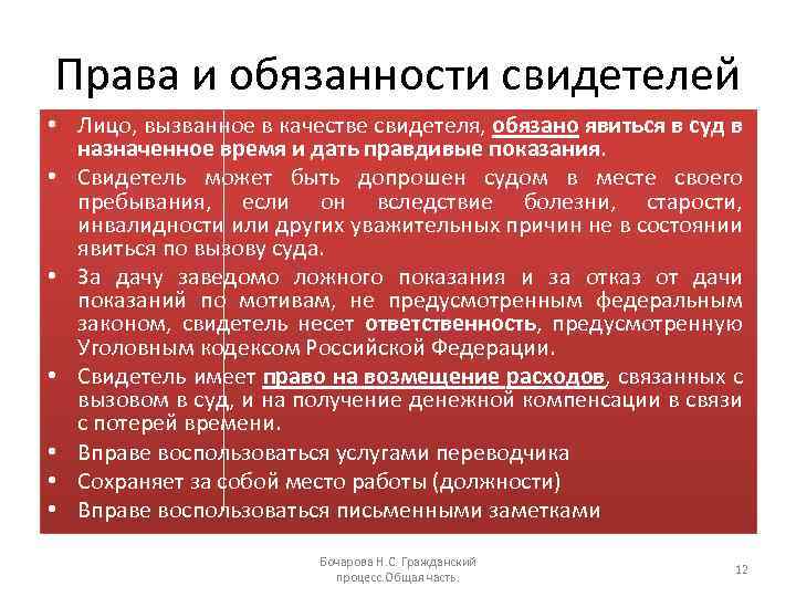Права и обязанности свидетелей • Лицо, вызванное в качестве свидетеля, обязано явиться в суд