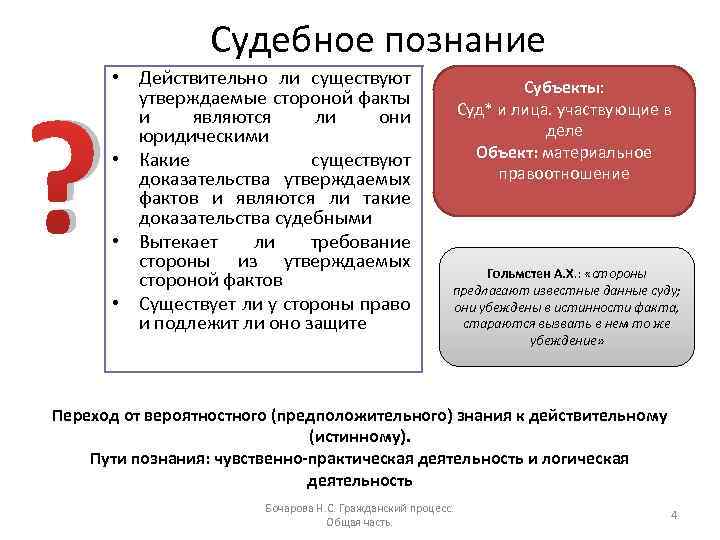 Судебное познание ? • Действительно ли существуют утверждаемые стороной факты и являются ли они