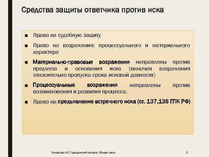 Средства защиты ответчика против иска ■ Право на судебную защиту ■ Право на возражения: