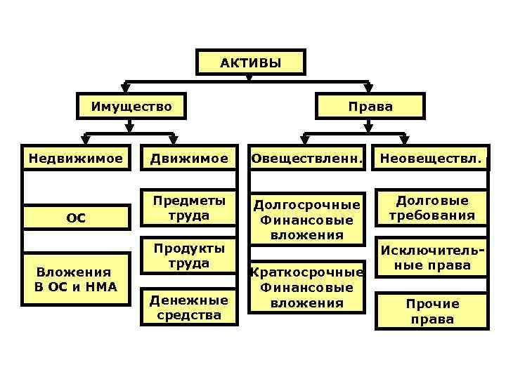 АКТИВЫ Имущество Права Недвижимое Движимое Овеществленн. Неовеществл. ОС Предметы труда Долгосрочные Финансовые вложения Долговые