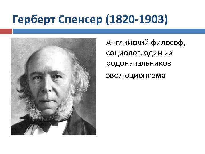 Герберт Спенсер (1820 -1903) Английский философ, социолог, один из родоначальников эволюционизма 