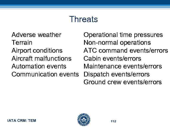 Threats Adverse weather Terrain Airport conditions Aircraft malfunctions Automation events Communication events IATA CRM: