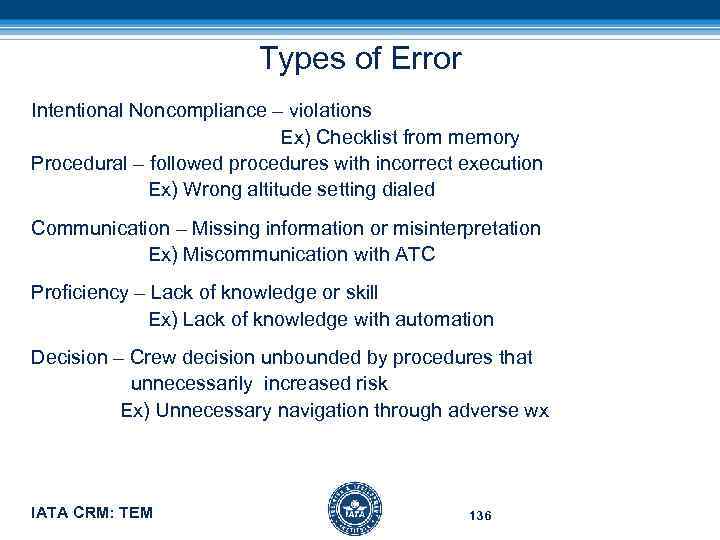 Types of Error Intentional Noncompliance – violations Ex) Checklist from memory Procedural – followed