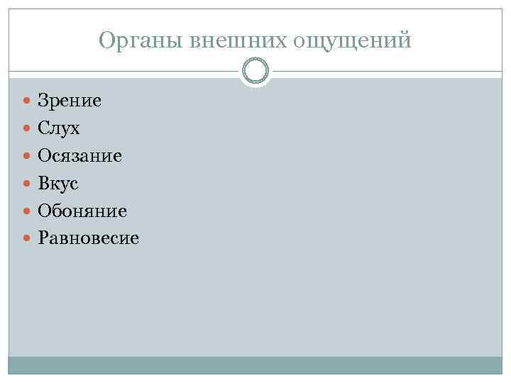 Органы внешних ощущений Зрение Слух Осязание Вкус Обоняние Равновесие 