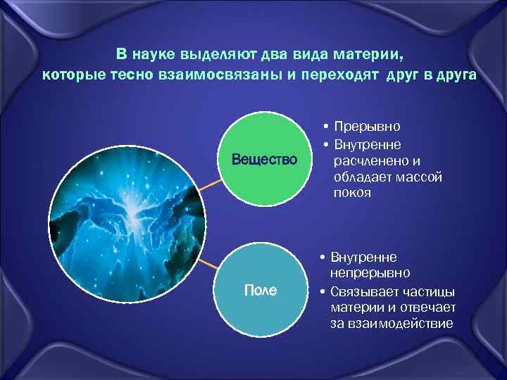 В науке выделяют два вида материи, которые тесно взаимосвязаны и переходят друг в друга