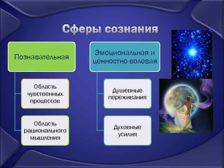 Сферы сознания Познавательная Эмоциональная и ценностно-волевая Область чувственных процессов Душевные переживания Область рационального мышления