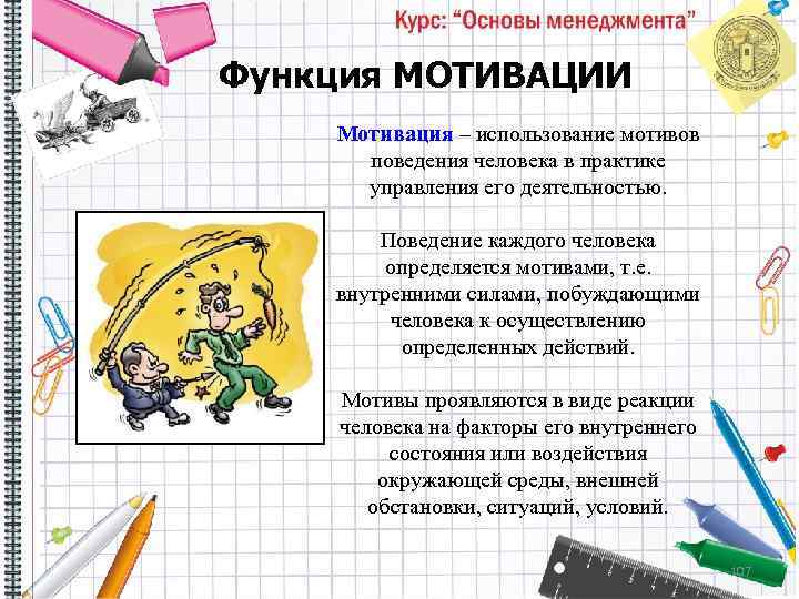 Функция МОТИВАЦИИ Мотивация – использование мотивов поведения человека в практике управления его деятельностью. Поведение