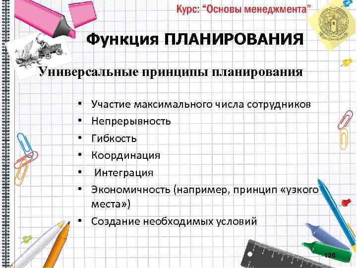 Функция ПЛАНИРОВАНИЯ Универсальные принципы планирования Участие максимального числа сотрудников Непрерывность Гибкость Координация Интеграция Экономичность