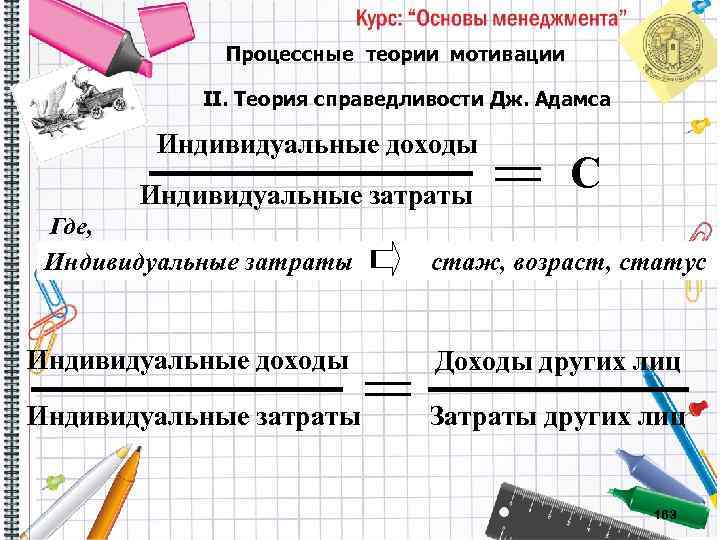 Процессные теории мотивации II. Теория справедливости Дж. Адамса Индивидуальные доходы Индивидуальные затраты С Где,